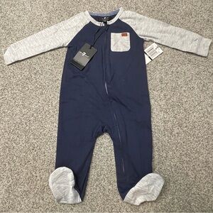 7 For All Mankind Navy with Heather Gray Sleeve & Pocket Baby Footed One-Piece